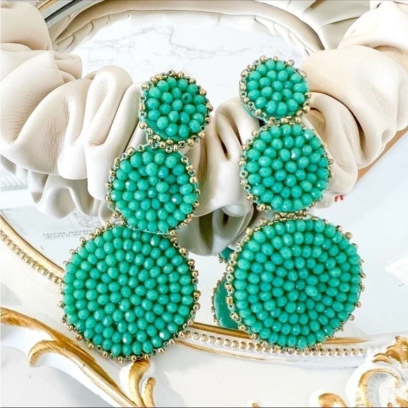 Disc Drop Beaded Teal and Gold Earrings - Picture 2 of 2